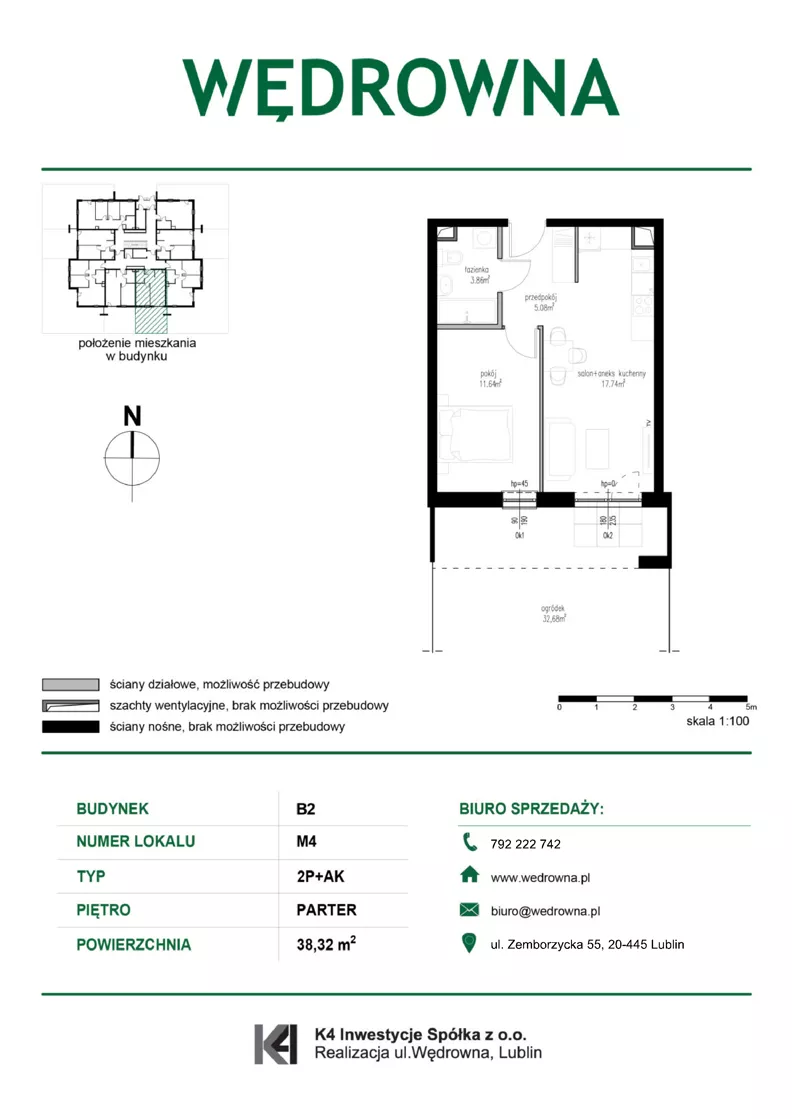 2 pokoje, mieszkanie 38,32 m², parter, oferta nr M4, Osiedle Wędrowna bud. B2, Lublin, Sławin, ul. Wędrowna