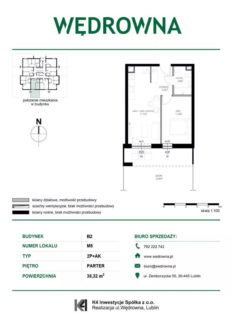 2 pokoje, mieszkanie 38,32 m², parter, oferta nr M5, Osiedle Wędrowna bud. B2, Lublin, Sławin, ul. Wędrowna