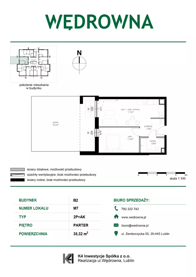 2 pokoje, mieszkanie 38,32 m², parter, oferta nr M7, Osiedle Wędrowna bud. B2, Lublin, Sławin, ul. Wędrowna