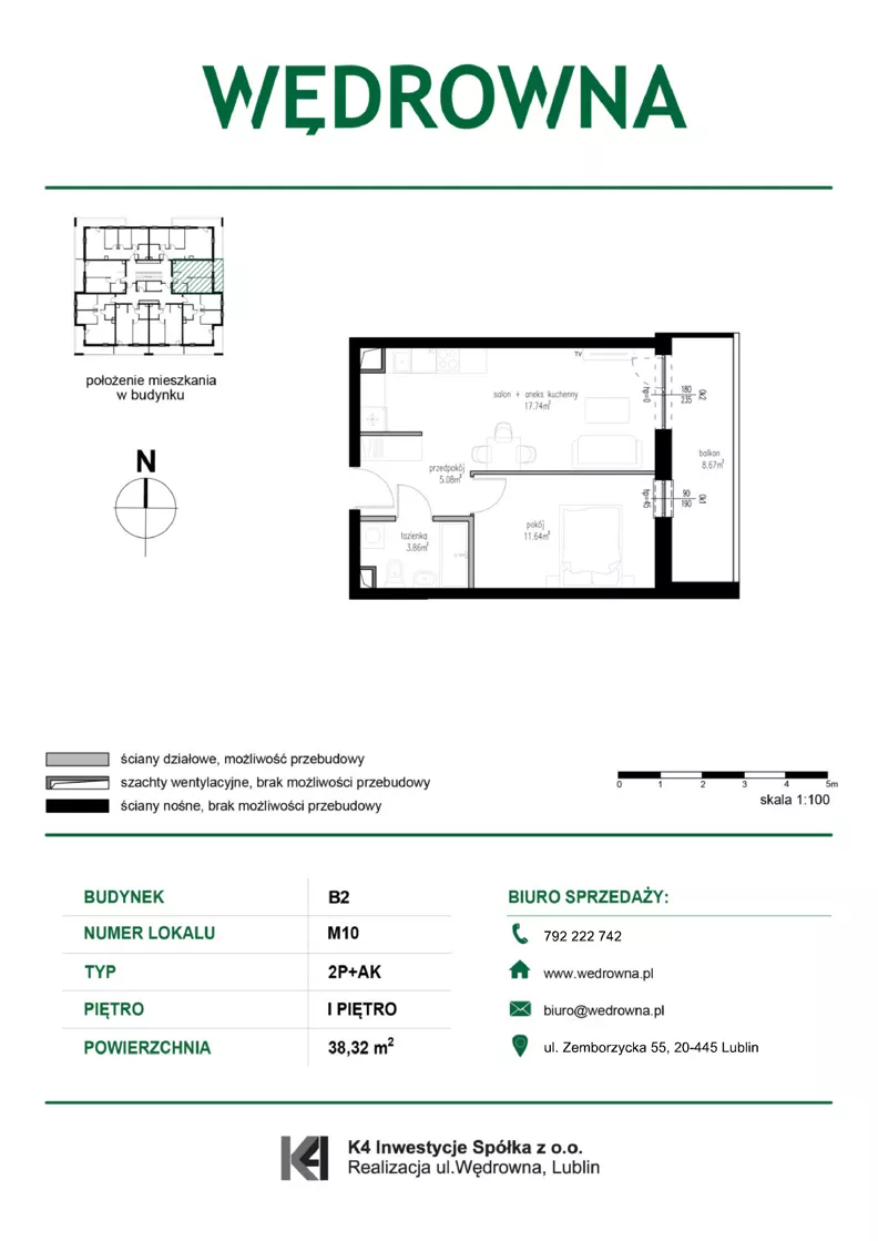 2 pokoje, mieszkanie 38,32 m², piętro 1, oferta nr M10, Osiedle Wędrowna bud. B2, Lublin, Sławin, ul. Wędrowna