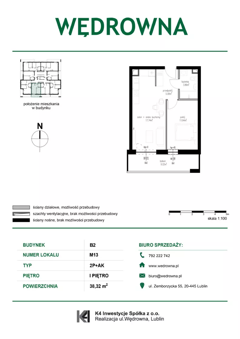 2 pokoje, mieszkanie 38,32 m², piętro 1, oferta nr M13, Osiedle Wędrowna bud. B2, Lublin, Sławin, ul. Wędrowna