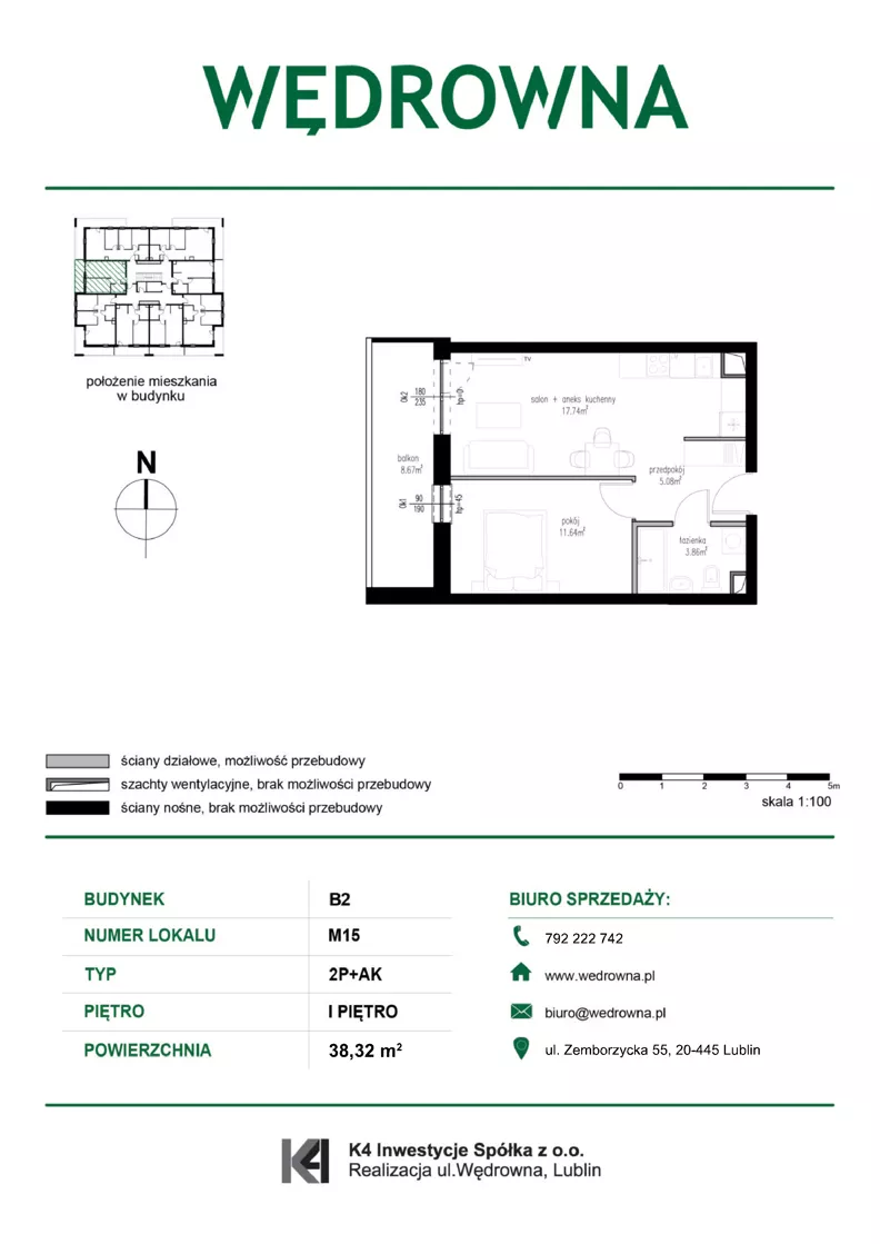 2 pokoje, mieszkanie 38,32 m², piętro 1, oferta nr M15, Osiedle Wędrowna bud. B2, Lublin, Sławin, ul. Wędrowna