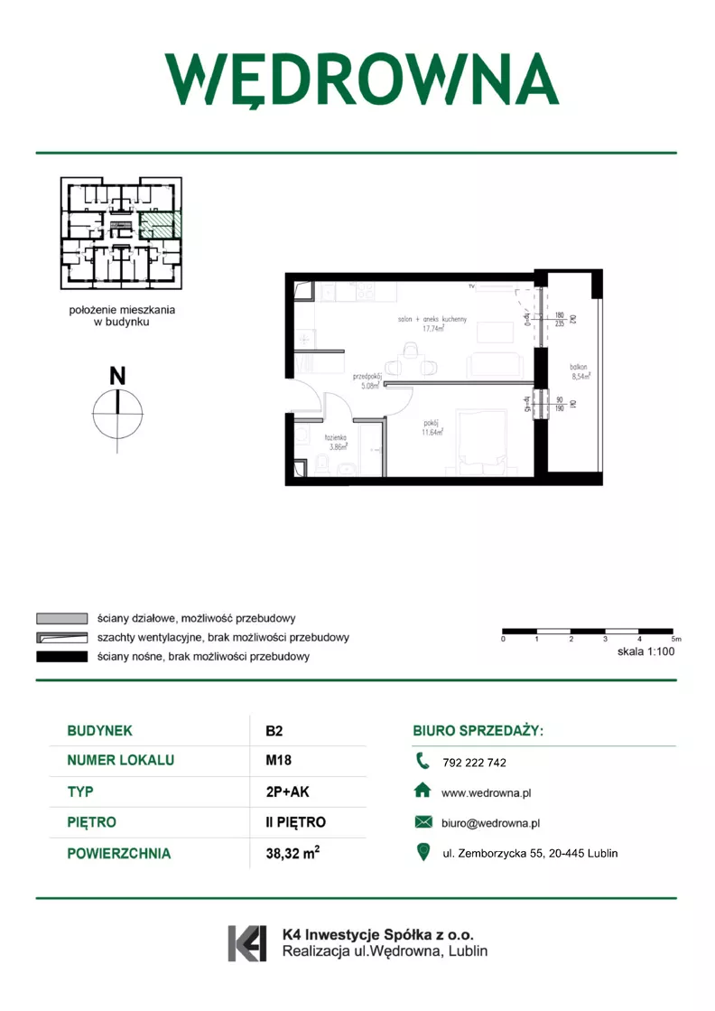 2 pokoje, mieszkanie 38,32 m², piętro 2, oferta nr M18, Osiedle Wędrowna bud. B2, Lublin, Sławin, ul. Wędrowna