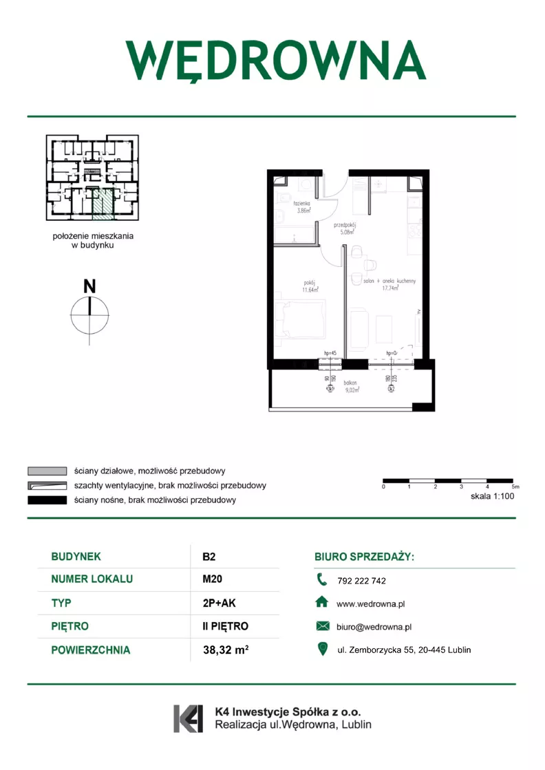 2 pokoje, mieszkanie 38,32 m², piętro 2, oferta nr M20, Osiedle Wędrowna bud. B2, Lublin, Sławin, ul. Wędrowna