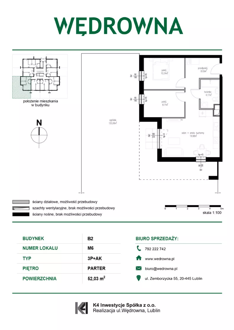 3 pokoje, mieszkanie 52,03 m², parter, oferta nr M6, Osiedle Wędrowna bud. B2, Lublin, Sławin, ul. Wędrowna