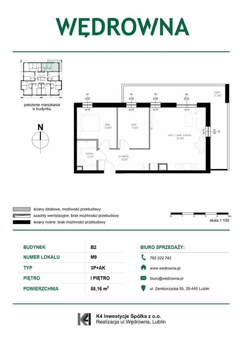 3 pokoje, mieszkanie 58,16 m², piętro 1, oferta nr M9, Osiedle Wędrowna bud. B2, Lublin, Sławin, ul. Wędrowna