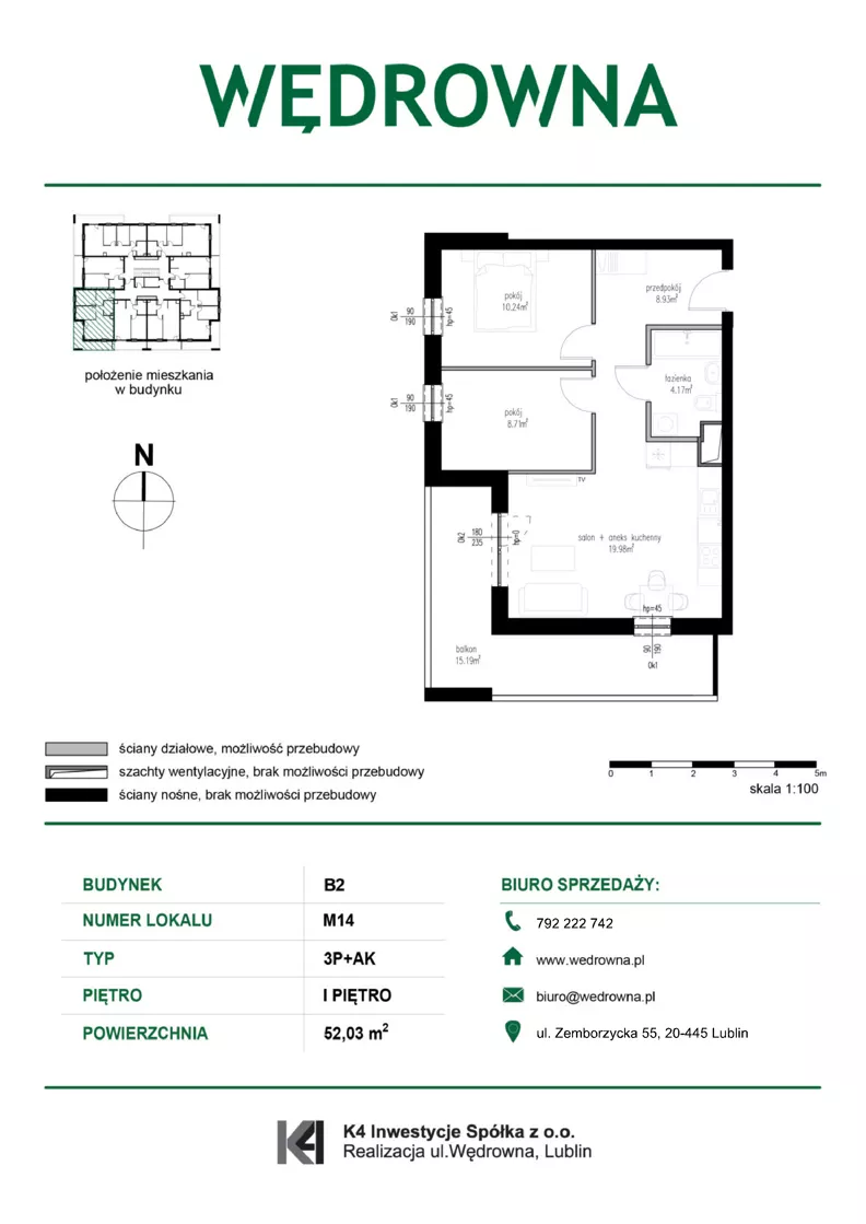 3 pokoje, mieszkanie 52,03 m², piętro 1, oferta nr M14, Osiedle Wędrowna bud. B2, Lublin, Sławin, ul. Wędrowna