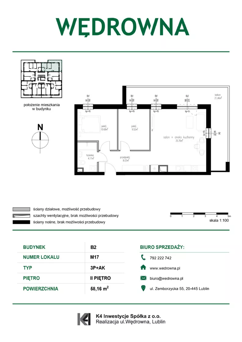 3 pokoje, mieszkanie 58,16 m², piętro 2, oferta nr M17, Osiedle Wędrowna bud. B2, Lublin, Sławin, ul. Wędrowna