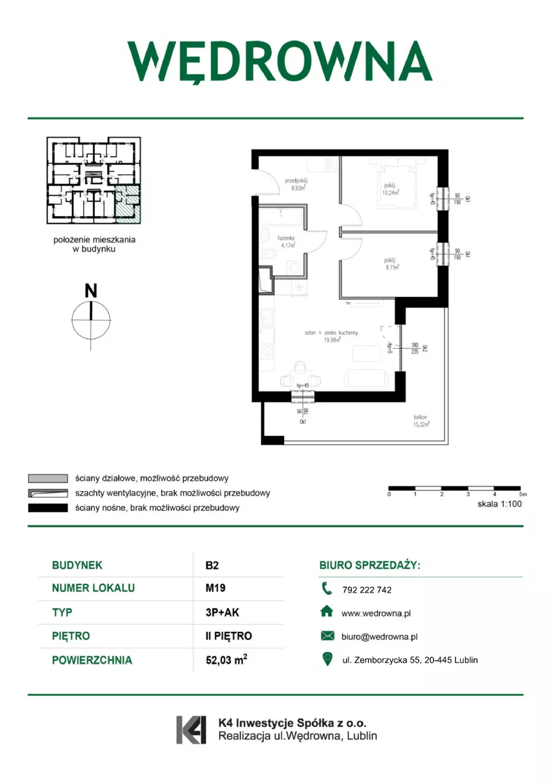 3 pokoje, mieszkanie 52,03 m², piętro 2, oferta nr M19, Osiedle Wędrowna bud. B2, Lublin, Sławin, ul. Wędrowna