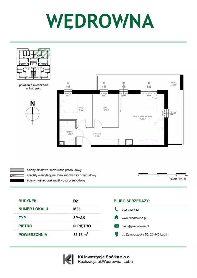 3 pokoje, mieszkanie 58,16 m², piętro 3, oferta nr M25, Osiedle Wędrowna bud. B2, Lublin, Sławin, ul. Wędrowna