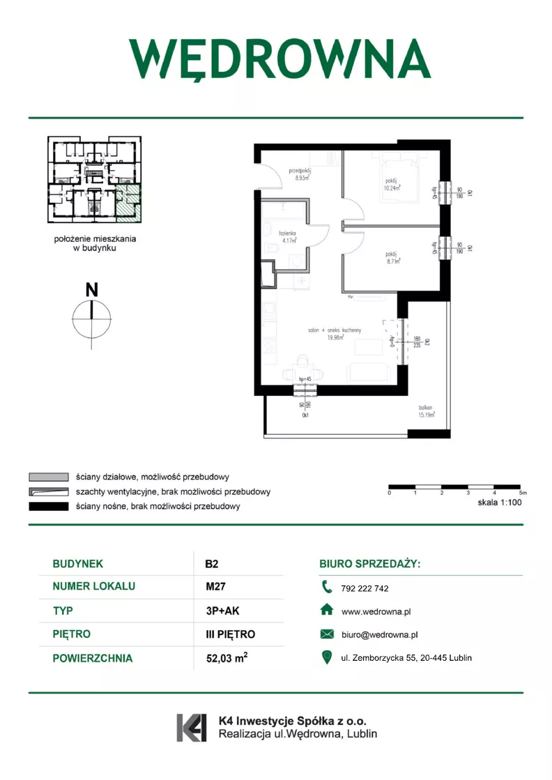 3 pokoje, mieszkanie 52,03 m², piętro 3, oferta nr M27, Osiedle Wędrowna bud. B2, Lublin, Sławin, ul. Wędrowna
