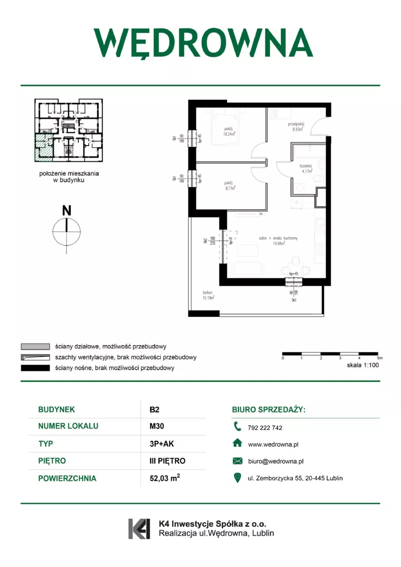 3 pokoje, mieszkanie 52,03 m², piętro 3, oferta nr M30, Osiedle Wędrowna bud. B2, Lublin, Sławin, ul. Wędrowna