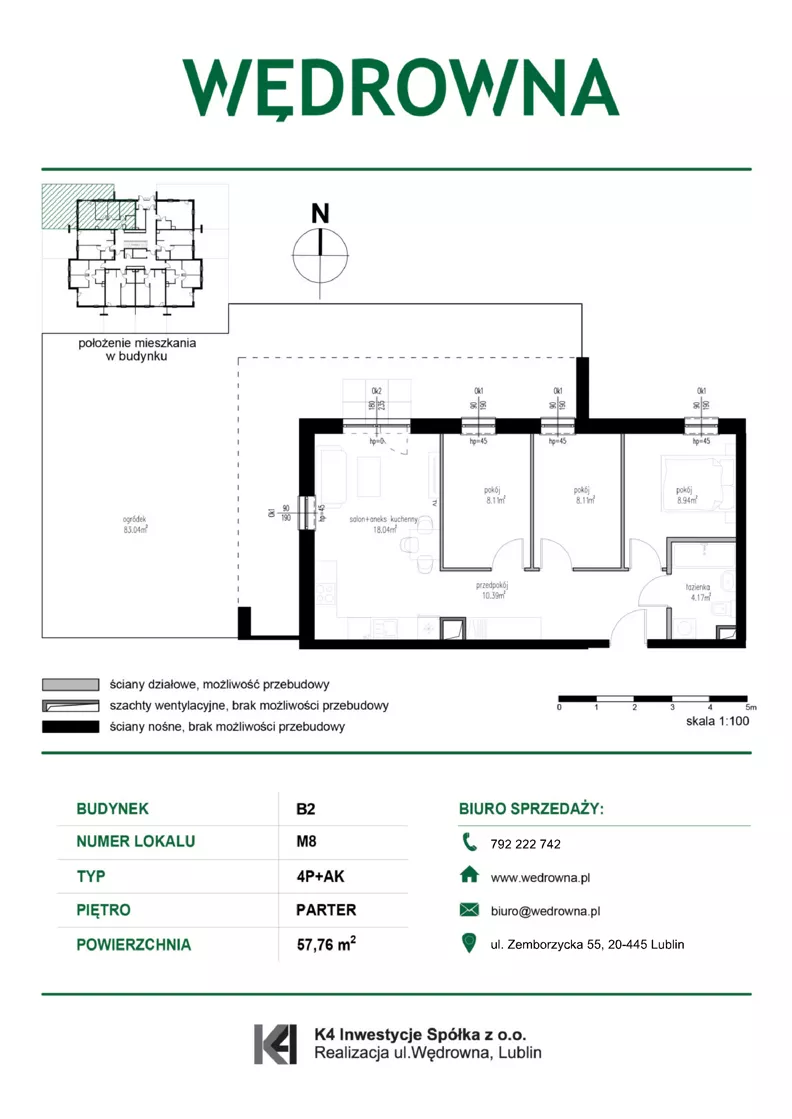 4 pokoje, mieszkanie 57,76 m², parter, oferta nr M8, Osiedle Wędrowna bud. B2, Lublin, Sławin, ul. Wędrowna