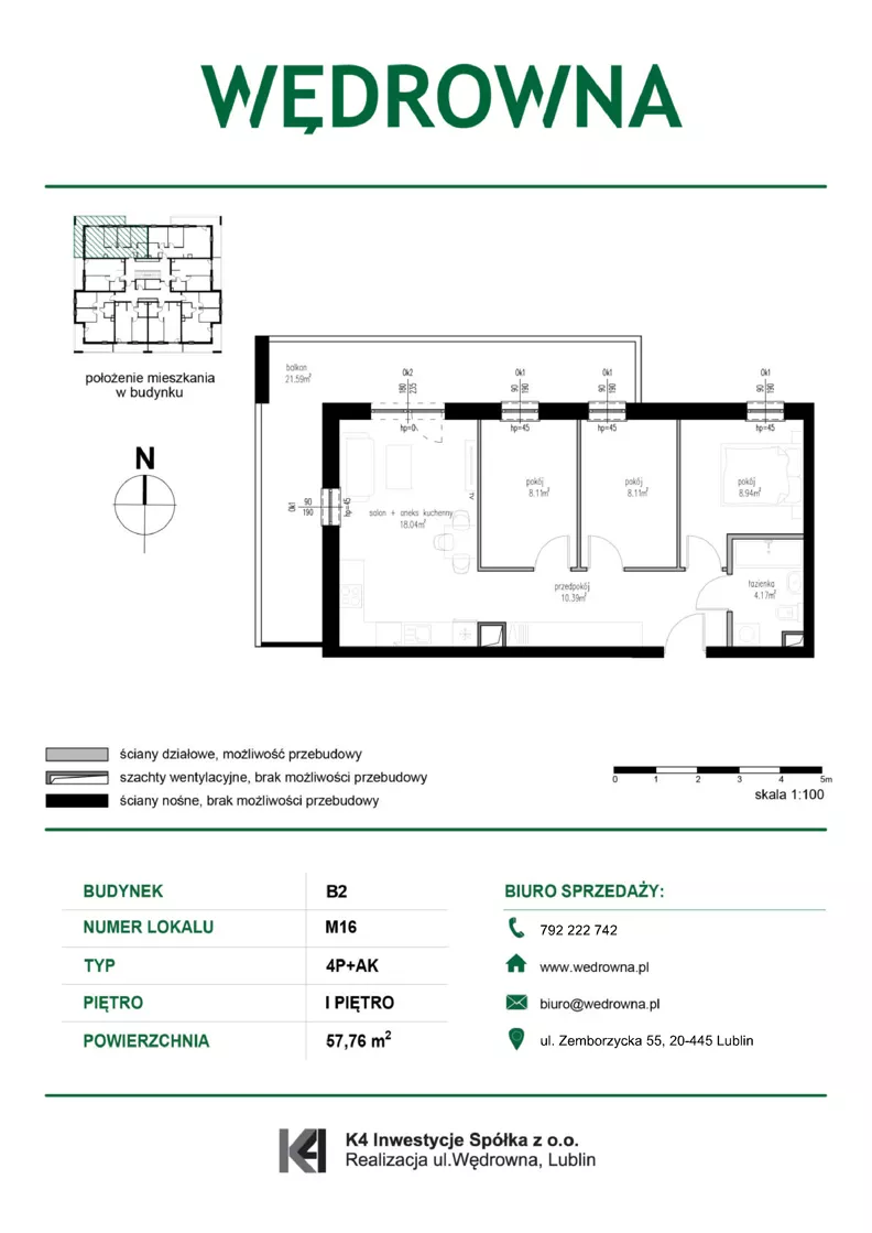 4 pokoje, mieszkanie 57,76 m², piętro 1, oferta nr M16, Osiedle Wędrowna bud. B2, Lublin, Sławin, ul. Wędrowna