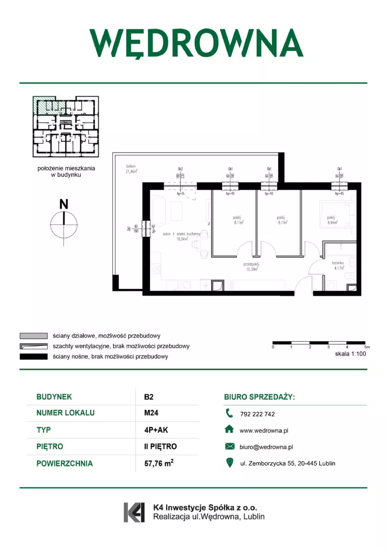 4 pokoje, mieszkanie 57,76 m², piętro 2, oferta nr M24, Osiedle Wędrowna bud. B2, Lublin, Sławin, ul. Wędrowna