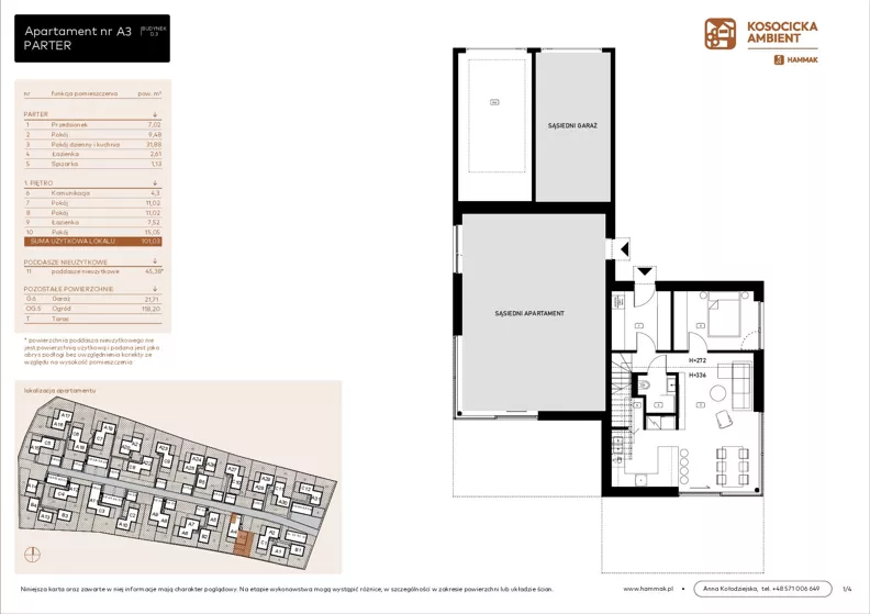 5 pokoi, mieszkanie 101,03 m², parter, oferta nr A3, Kosocicka Ambient, Kraków, Podgórze Duchackie, Piaski Wielkie, ul. Kosocicka