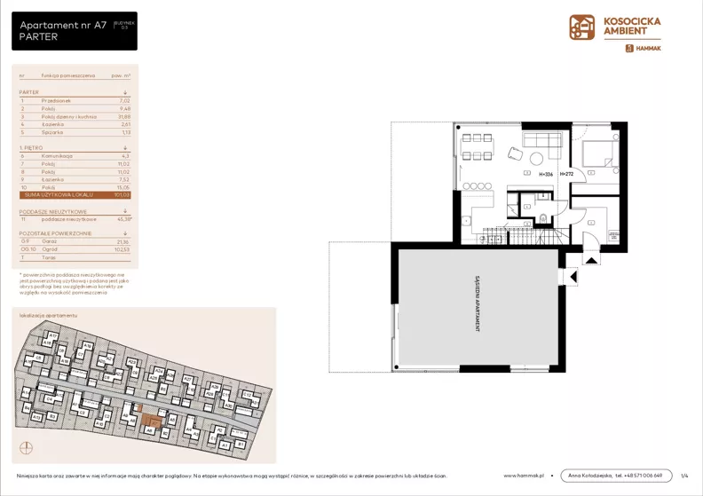 5 pokoi, mieszkanie 101,03 m², parter, oferta nr A7, Kosocicka Ambient, Kraków, Podgórze Duchackie, Piaski Wielkie, ul. Kosocicka