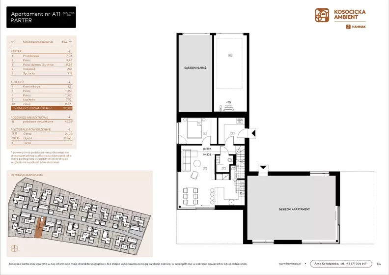 5 pokoi, mieszkanie 101,03 m², parter, oferta nr A11, Kosocicka Ambient, Kraków, Podgórze Duchackie, Piaski Wielkie, ul. Kosocicka
