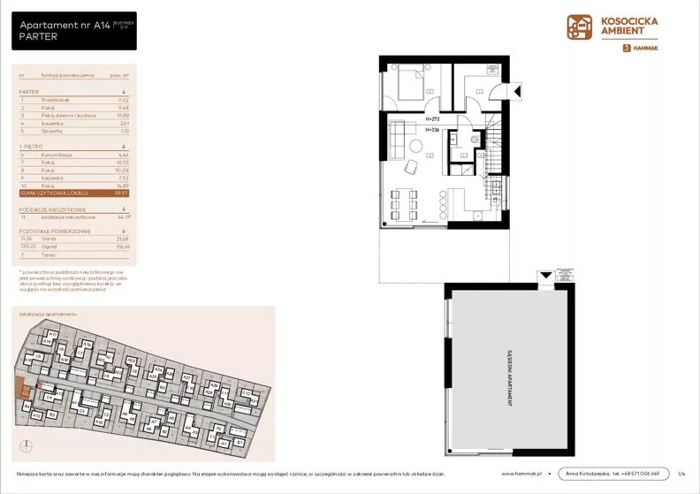5 pokoi, mieszkanie 99,97 m², parter, oferta nr A14, Kosocicka Ambient, Kraków, Podgórze Duchackie, Piaski Wielkie, ul. Kosocicka
