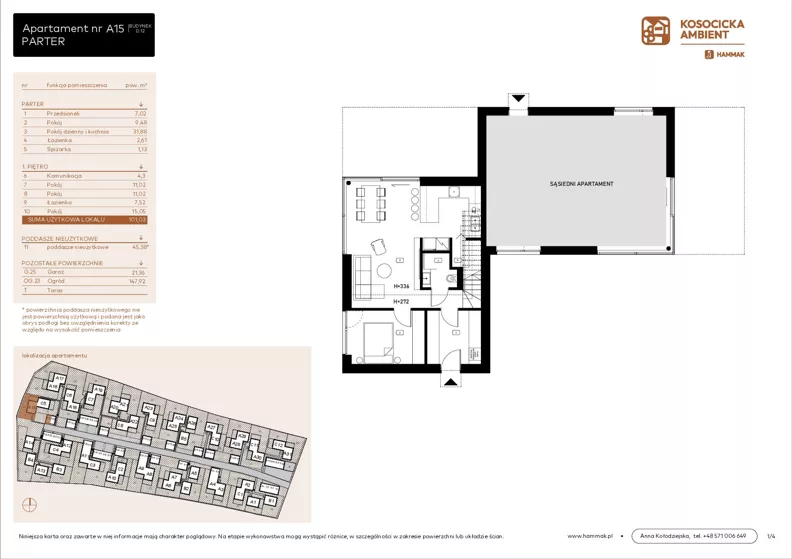5 pokoi, mieszkanie 101,03 m², parter, oferta nr A15, Kosocicka Ambient, Kraków, Podgórze Duchackie, Piaski Wielkie, ul. Kosocicka