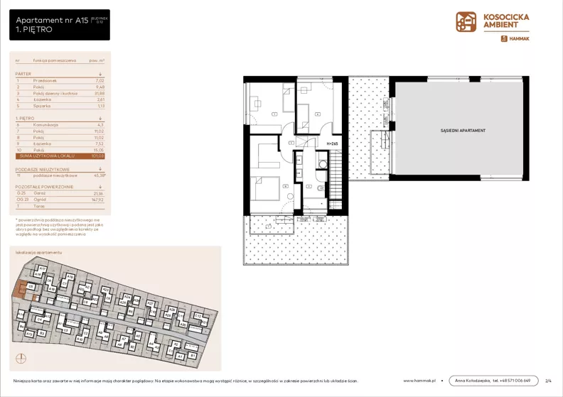 5 pokoi, mieszkanie 101,03 m², parter, oferta nr A15, Kosocicka Ambient, Kraków, Podgórze Duchackie, Piaski Wielkie, ul. Kosocicka