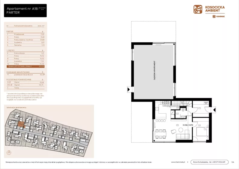 5 pokoi, mieszkanie 101,03 m², parter, oferta nr A18, Kosocicka Ambient, Kraków, Podgórze Duchackie, Piaski Wielkie, ul. Kosocicka