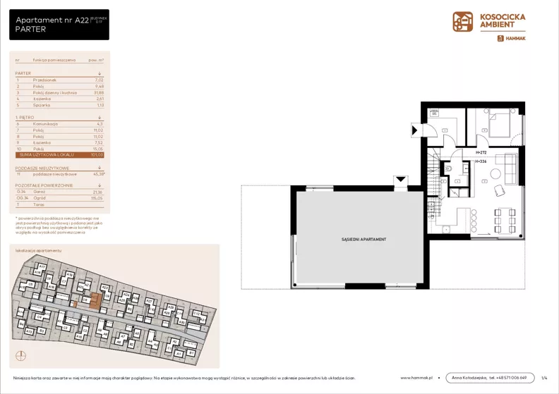 5 pokoi, mieszkanie 101,03 m², parter, oferta nr A22, Kosocicka Ambient, Kraków, Podgórze Duchackie, Piaski Wielkie, ul. Kosocicka