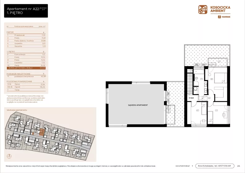 5 pokoi, mieszkanie 101,03 m², parter, oferta nr A22, Kosocicka Ambient, Kraków, Podgórze Duchackie, Piaski Wielkie, ul. Kosocicka