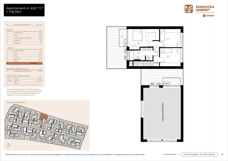 5 pokoi, mieszkanie 101,03 m², parter, oferta nr A23, Kosocicka Ambient, Kraków, Podgórze Duchackie, Piaski Wielkie, ul. Kosocicka