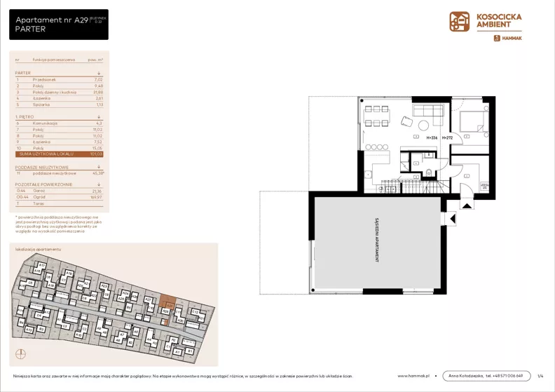 5 pokoi, mieszkanie 101,03 m², parter, oferta nr A29, Kosocicka Ambient, Kraków, Podgórze Duchackie, Piaski Wielkie, ul. Kosocicka