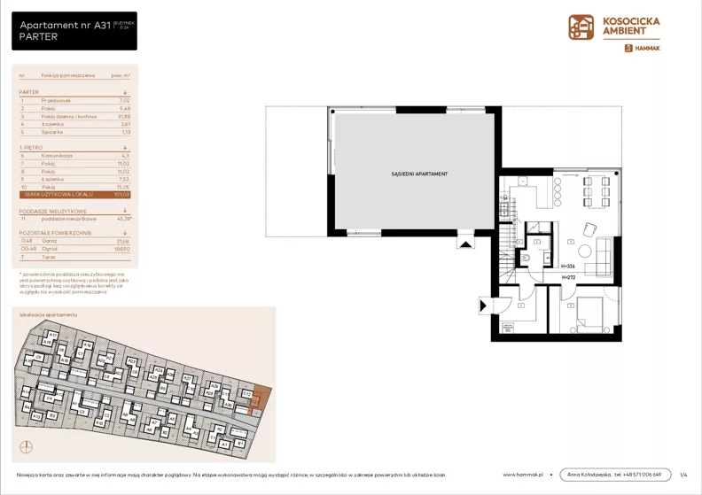 5 pokoi, mieszkanie 101,03 m², parter, oferta nr A31, Kosocicka Ambient, Kraków, Podgórze Duchackie, Piaski Wielkie, ul. Kosocicka