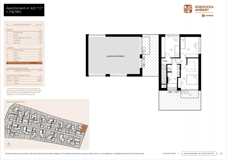5 pokoi, mieszkanie 101,03 m², parter, oferta nr A31, Kosocicka Ambient, Kraków, Podgórze Duchackie, Piaski Wielkie, ul. Kosocicka
