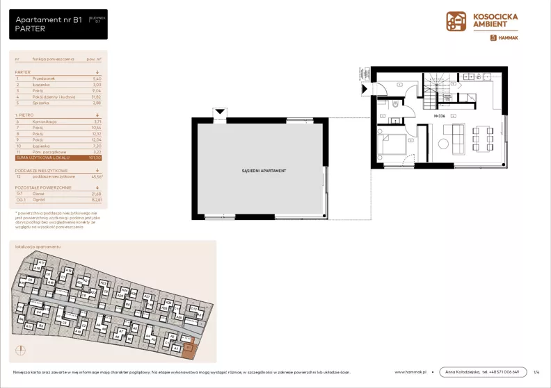 5 pokoi, mieszkanie 101,30 m², parter, oferta nr B1, Kosocicka Ambient, Kraków, Podgórze Duchackie, Piaski Wielkie, ul. Kosocicka