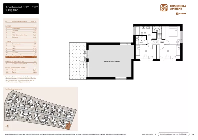 5 pokoi, mieszkanie 101,30 m², parter, oferta nr B1, Kosocicka Ambient, Kraków, Podgórze Duchackie, Piaski Wielkie, ul. Kosocicka