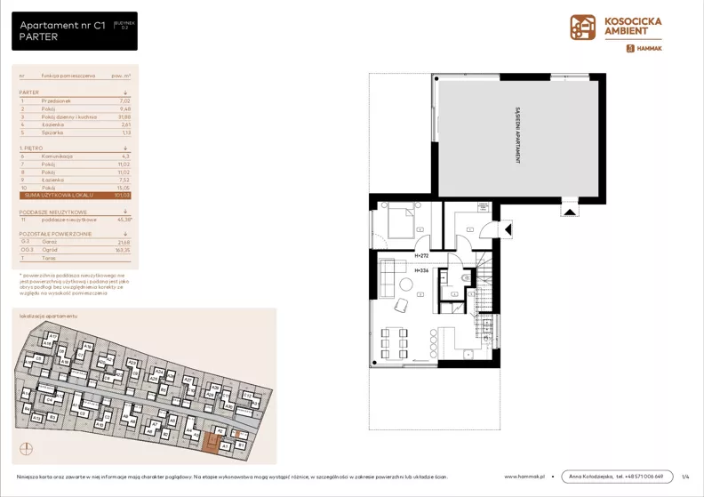 5 pokoi, mieszkanie 101,03 m², parter, oferta nr C1, Kosocicka Ambient, Kraków, Podgórze Duchackie, Piaski Wielkie, ul. Kosocicka
