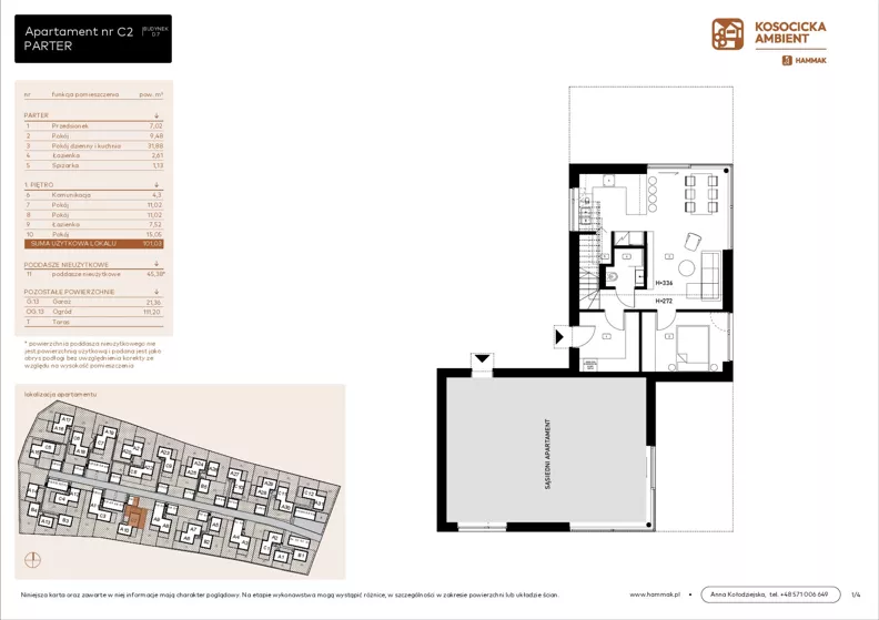 5 pokoi, mieszkanie 101,03 m², parter, oferta nr C2, Kosocicka Ambient, Kraków, Podgórze Duchackie, Piaski Wielkie, ul. Kosocicka