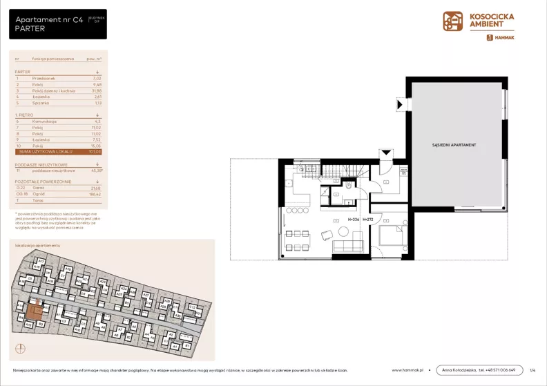 5 pokoi, mieszkanie 101,03 m², parter, oferta nr C4, Kosocicka Ambient, Kraków, Podgórze Duchackie, Piaski Wielkie, ul. Kosocicka