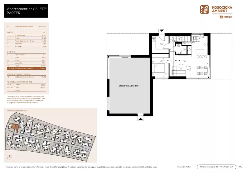 5 pokoi, mieszkanie 101,03 m², parter, oferta nr C5, Kosocicka Ambient, Kraków, Podgórze Duchackie, Piaski Wielkie, ul. Kosocicka