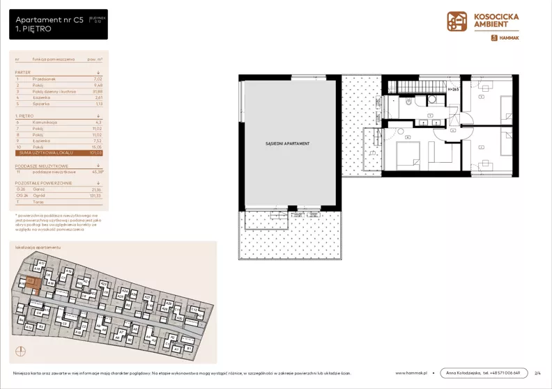 5 pokoi, mieszkanie 101,03 m², parter, oferta nr C5, Kosocicka Ambient, Kraków, Podgórze Duchackie, Piaski Wielkie, ul. Kosocicka
