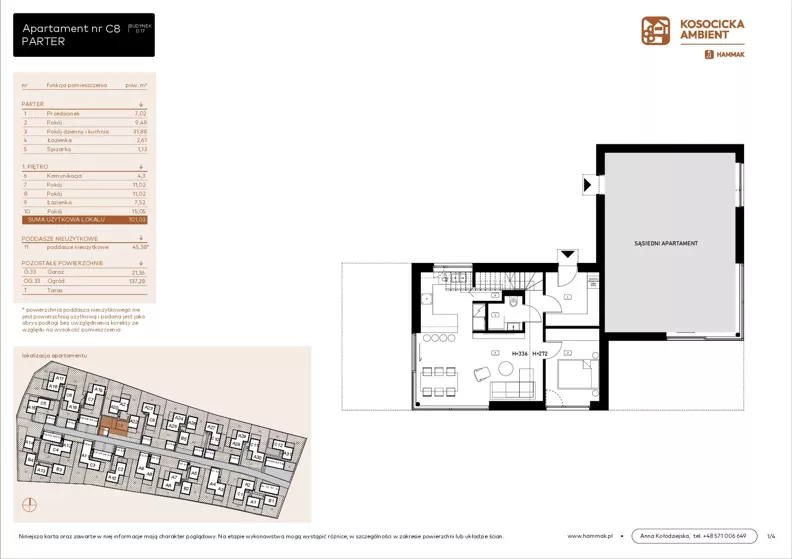5 pokoi, mieszkanie 101,03 m², parter, oferta nr C8, Kosocicka Ambient, Kraków, Podgórze Duchackie, Piaski Wielkie, ul. Kosocicka