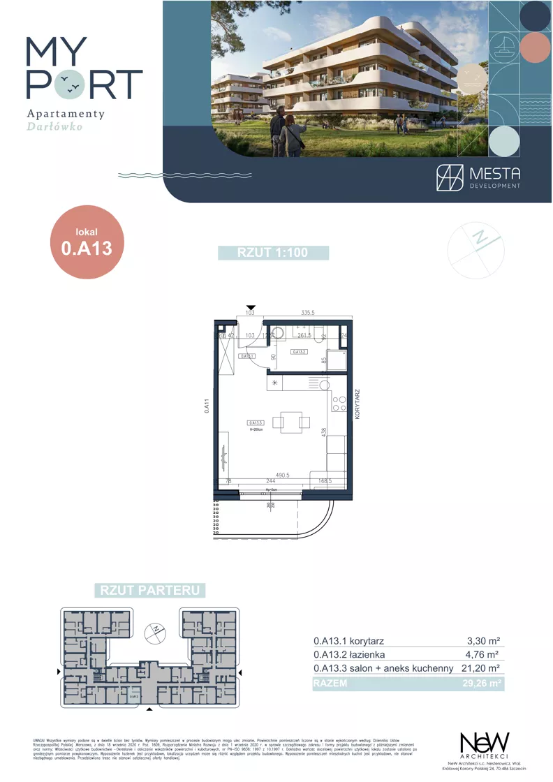 1 pokój, apartament 29,26 m², piętro 1, oferta nr 0.A13, MyPort Apartamenty Darłówko, Darłowo, ul. Nadmorska