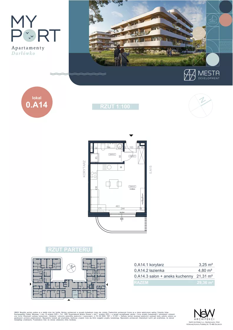 1 pokój, apartament 29,36 m², piętro 1, oferta nr 0.A14, MyPort Apartamenty Darłówko, Darłowo, ul. Nadmorska