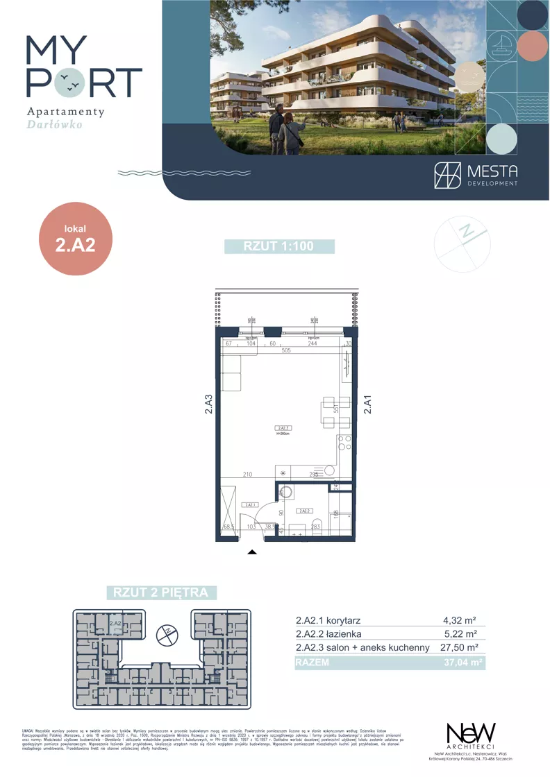 1 pokój, apartament 37,04 m², piętro 3, oferta nr 2.A2, MyPort Apartamenty Darłówko, Darłowo, ul. Nadmorska