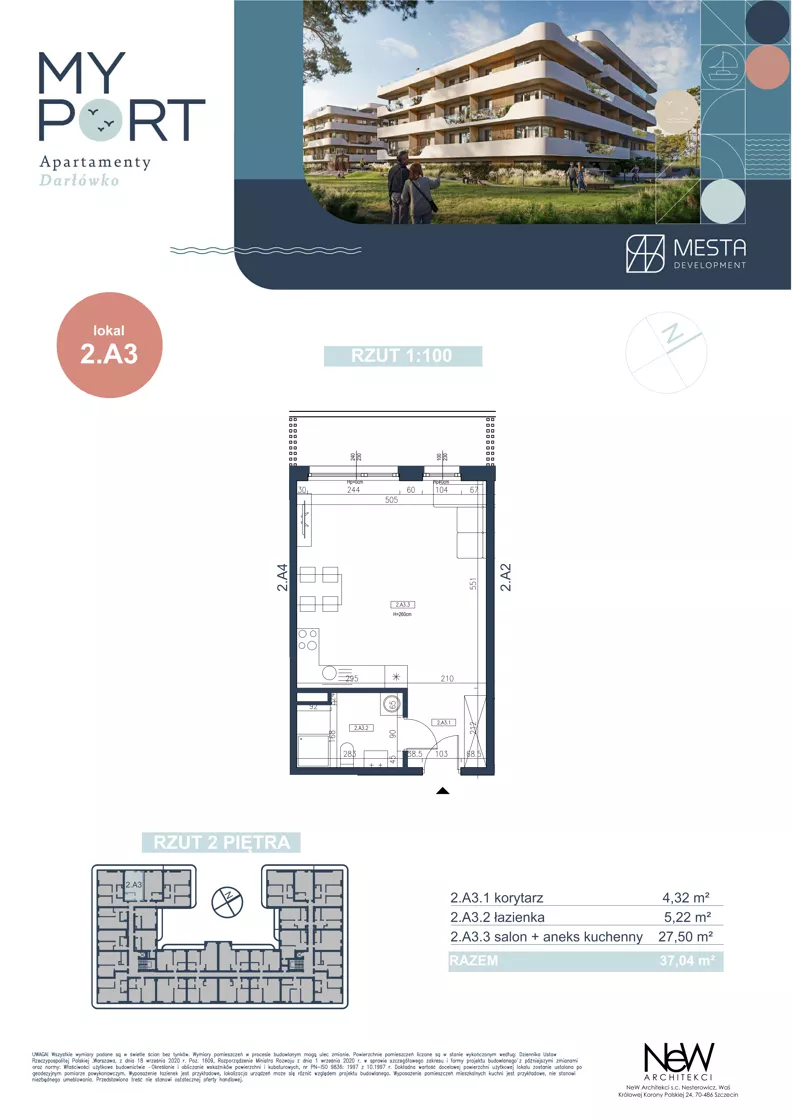 1 pokój, apartament 37,04 m², piętro 3, oferta nr 2.A3, MyPort Apartamenty Darłówko, Darłowo, ul. Nadmorska