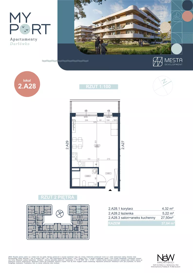 1 pokój, apartament 37,04 m², piętro 3, oferta nr 2.A28, MyPort Apartamenty Darłówko, Darłowo, ul. Nadmorska