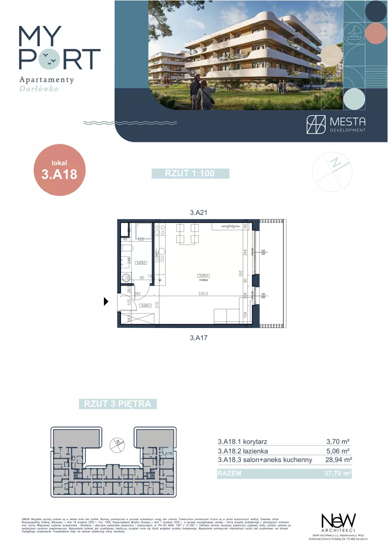 1 pokój, apartament 37,70 m², piętro 4, oferta nr 3.A18, MyPort Apartamenty Darłówko, Darłowo, ul. Nadmorska