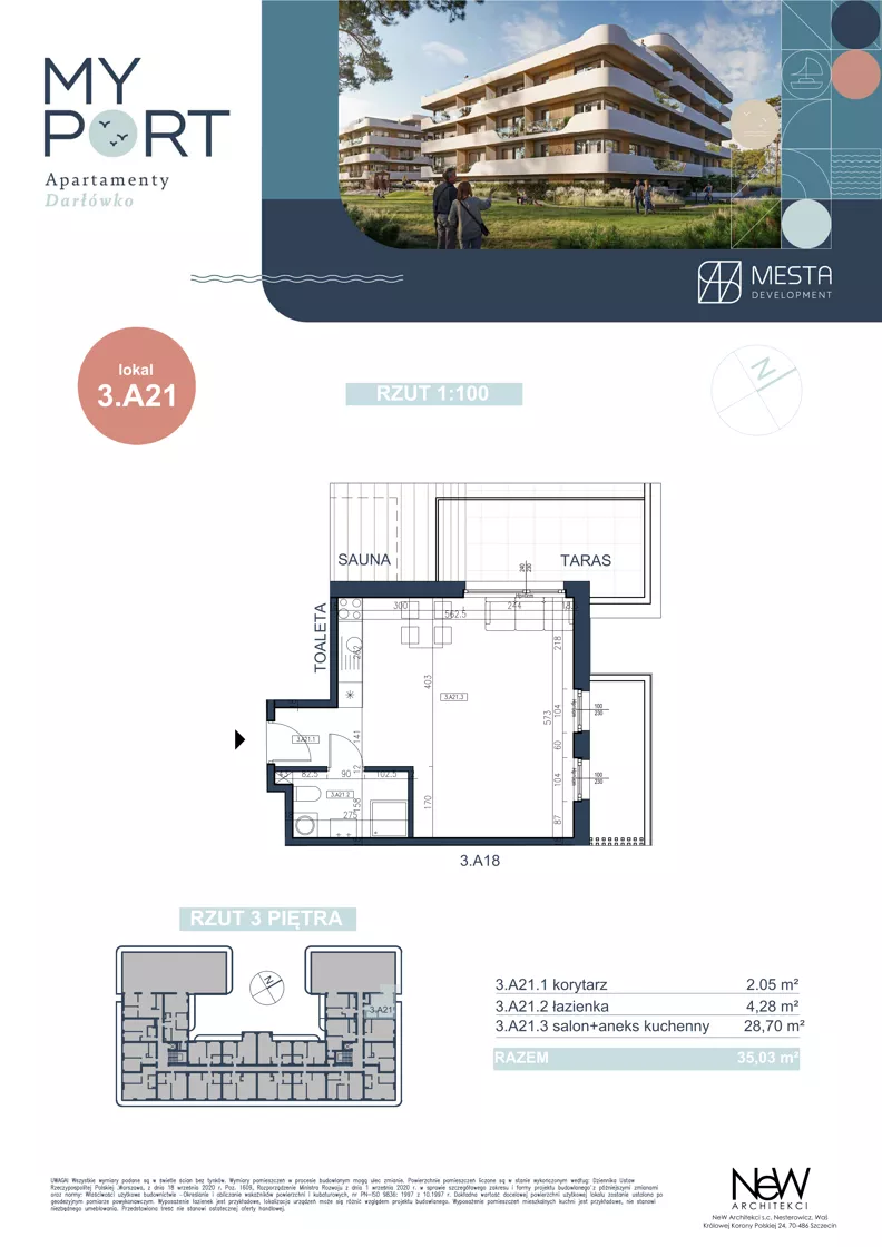 1 pokój, apartament 35,03 m², piętro 4, oferta nr 3.A21, MyPort Apartamenty Darłówko, Darłowo, ul. Nadmorska