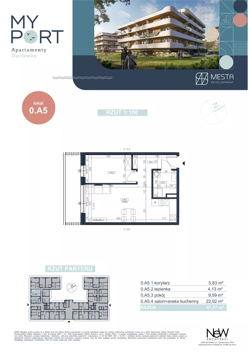 2 pokoje, apartament 41,57 m², piętro 1, oferta nr 0.A5, MyPort Apartamenty Darłówko, Darłowo, ul. Nadmorska