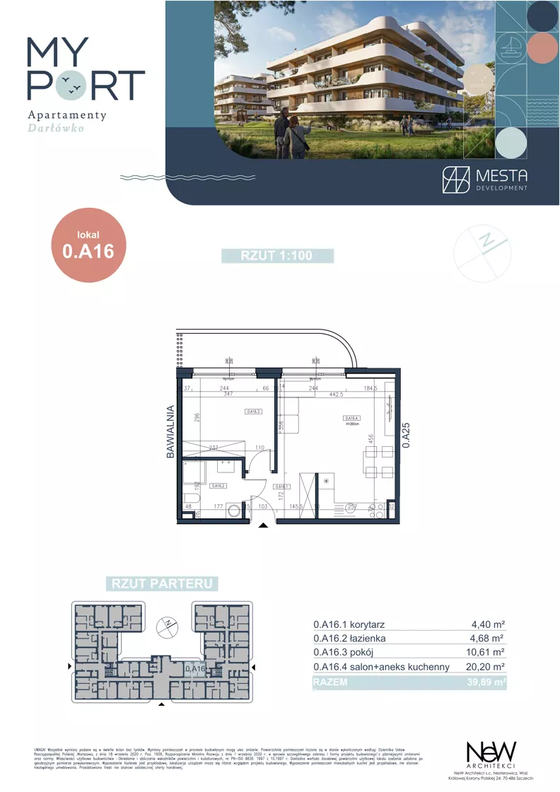 2 pokoje, apartament 39,89 m², piętro 1, oferta nr 0.A16, MyPort Apartamenty Darłówko, Darłowo, ul. Nadmorska