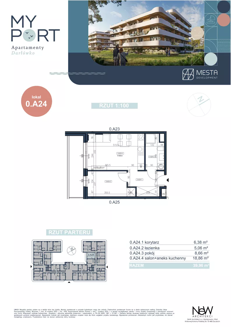 2 pokoje, apartament 36,96 m², piętro 1, oferta nr 0.A24, MyPort Apartamenty Darłówko, Darłowo, ul. Nadmorska